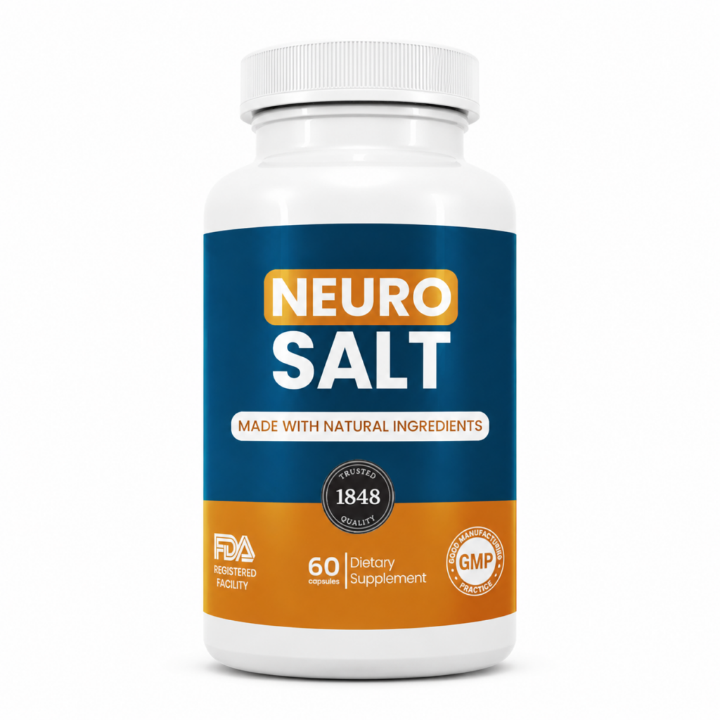 Two bottles of Neuro Salt dietary supplement made with natural Himalayan pink salt ingredients for nerve comfort support